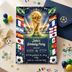 May include: A soccer-themed birthday party invitation featuring a golden trophy, flags, and soccer balls. The invitation reads "Jake's Birthday Party" with the date and time. Includes a navy blue envelope with a soccer ball graphic.