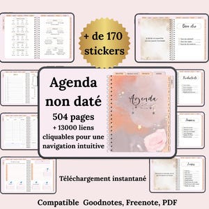 May include: Digital undated planner with 504 pages and over 13,000 clickable links for intuitive navigation. Includes over 170 stickers. The planner features a watercolor design with the word "Agenda" and is compatible with Goodnotes, Freenote, and PDF.