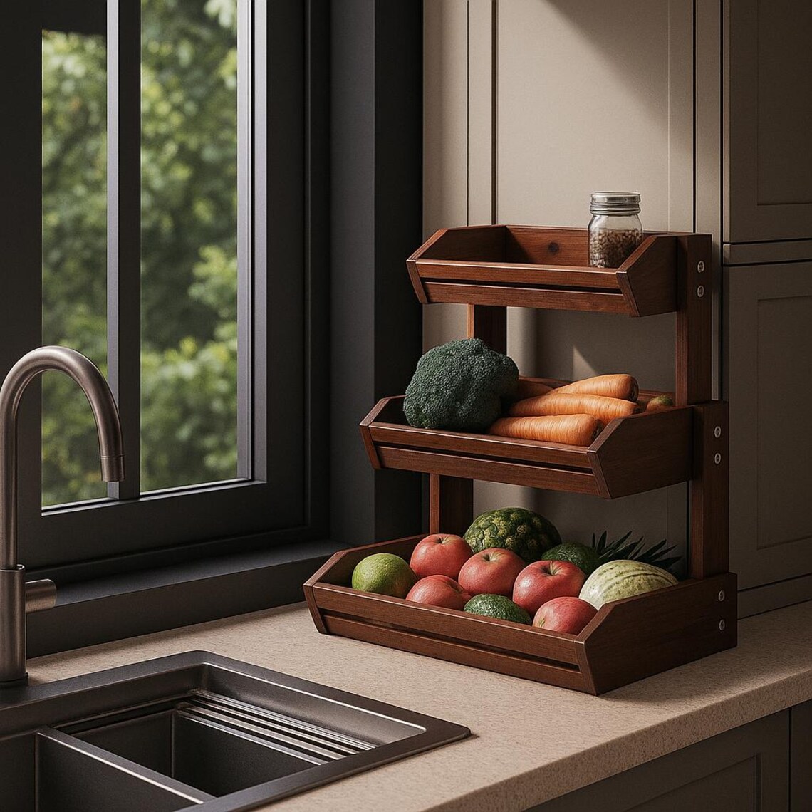 Acacia Wood 3-tier Fruit Basket | Rustic Kitchen Organizer - Etsy