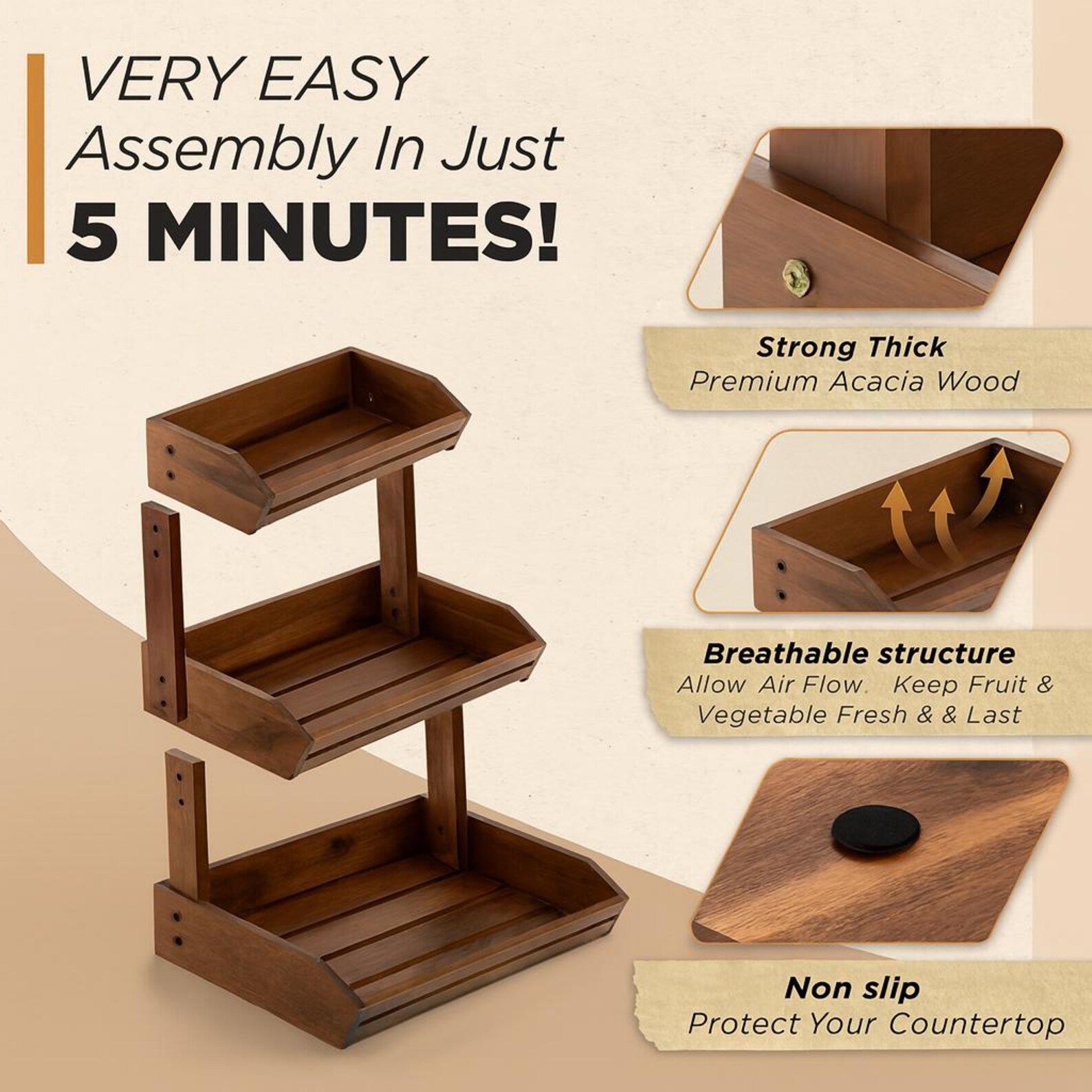 Acacia Wood 3-tier Fruit Basket | Rustic Kitchen Organizer - Etsy