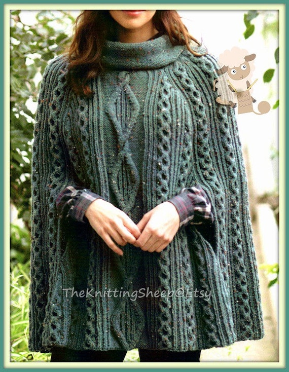 PDF Knitting Pattern - Cabled Poncho or Cape in Aran wool - Instant Download