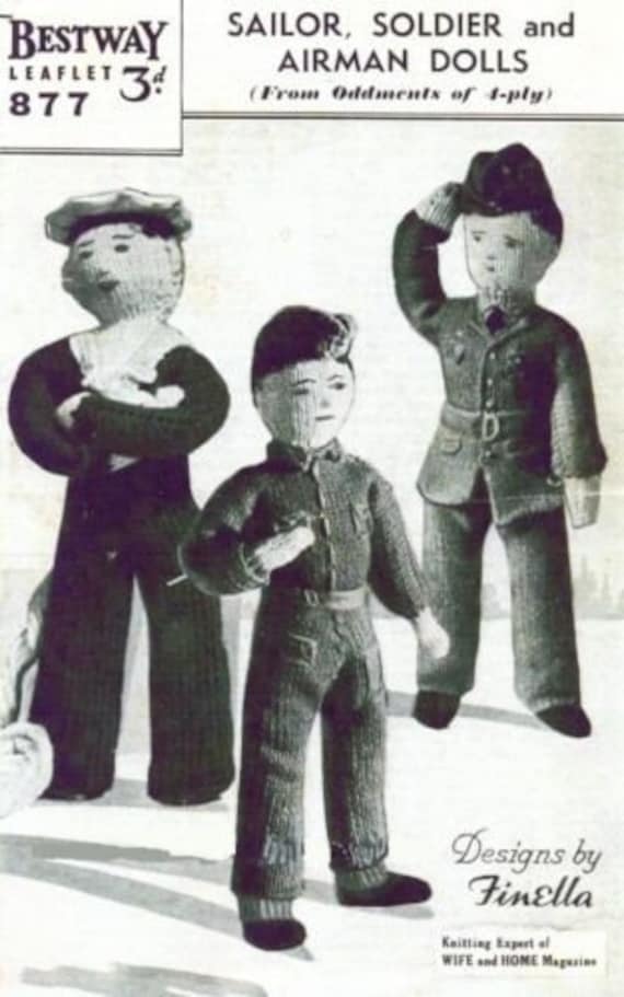 Vintage 1940s English Pattern ~ Soldier Airman Cloth Dolls Sailor