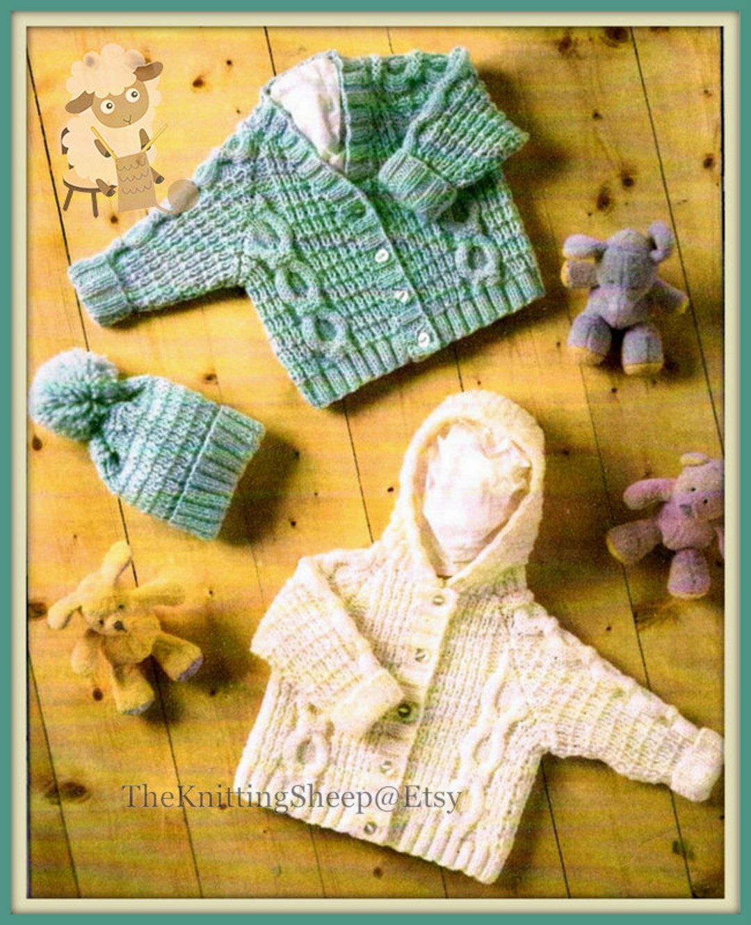 PDF Knitting Pattern for Baby & Toddler Aran Cardigans Hat to Fit Chest