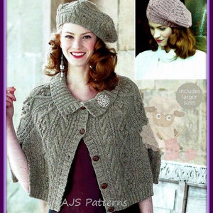 PDF Knitting Pattern - Ladies Aran Cape & Beret Set to fit 32-54" Busts - Instant Download