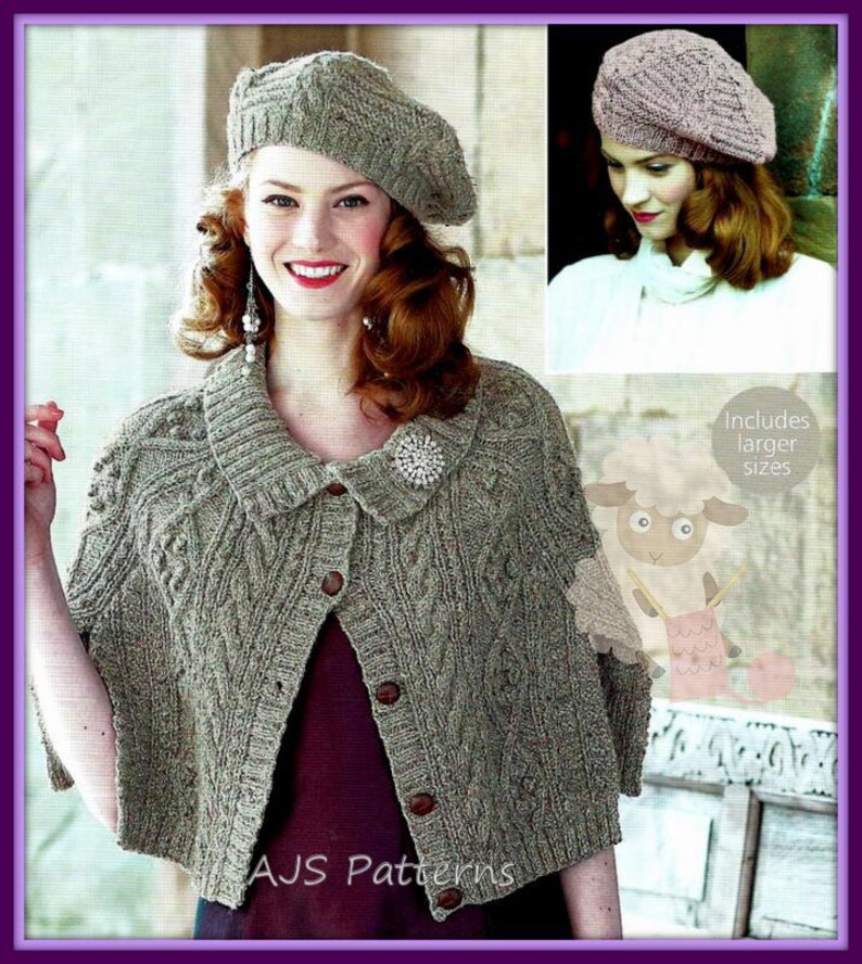 PDF Knitting Pattern Ladies Aran Cape & Beret Set to fit Etsy