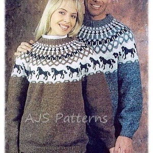 PDF Knitting Pattern -  Nordic Lopi Wool Horse Motif Sweater Adult & Children's Sizes - Instant Download