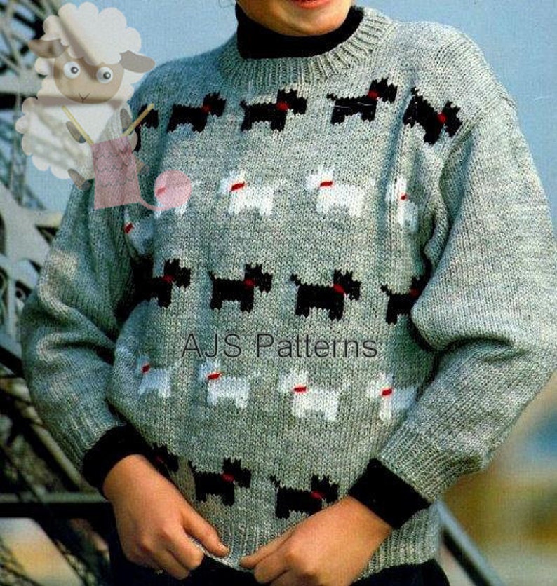 PDF Knitting Pattern Childs Westie & Scottie Dog Motif Etsy