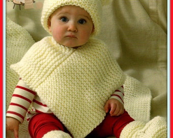 PDF Knitting Pattern - Babies/Child's Poncho Hat Bootees & Blanket in Chunky Wool - Easy/Novice Knitting - Instant Download