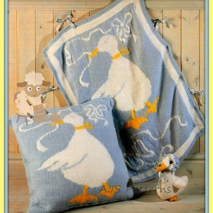 PDF Knitting Pattern - Cot Blanket & Cushion Cover - Lovely Duckling Design + a Toy Duck - Instant Download