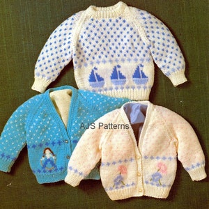 PDF Knitting Pattern - Baby and Toddlers 3 Motif Cardigans and Jumper - Instant Digital Download