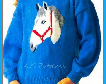 PDF Knitting Pattern - Horse Horse's Head Motif Sweater Show Jumping/Pony Club. 26"-38" - Instant Download