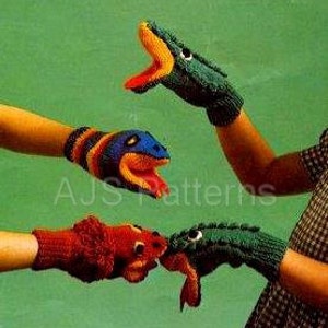 PDF Knitting Pattern - Childrens Fun Crocodile Lion & Snake Puppet Mittens - Instant Download