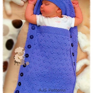 PDF Knitting Pattern - Baby's Hooded  Butterfly Stitch Sleeping Bag or Cocoon in 4 Ply or Sport Weight Wool - Instant Download