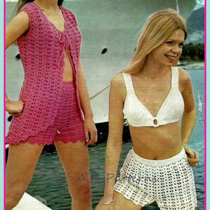 PDF Crochet Pattern - Retro Beach Wear - Crochet Pants (Shorts) Bra & Cover Up Jacket - Instant Download