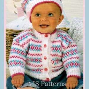 PDF Knitting Pattern - Baby or Toddlers Fair Isle Cardigan and Matching Beret - Instant Digital Download