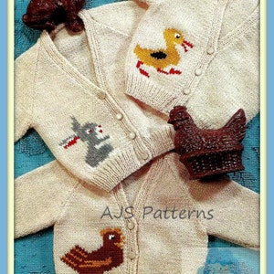 PDF Knitting Pattern - Baby/Toddlers 3 Motif Cardigans 20-23" Chests - Chicken, Rabbit & Duckling - Instant Download