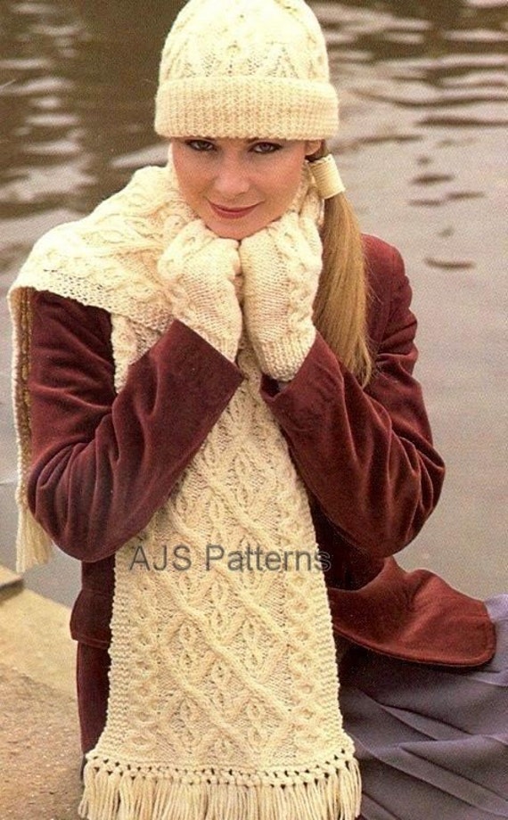 PDF Knitting Pattern Aran Beanie Hat Mittens and Scarf Set Etsy