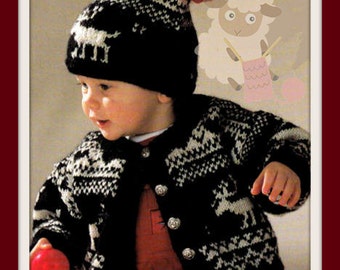 PDF Knitting Pattern - Childs Reindeer Christmas Fair Isle - Icelandic/Scandinavian - Nordic Cardigan Hat & Boot Set - Instant Download