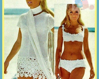 PDF Crochet Pattern - Retro Beach Wear - Cover Up -  Flower Power Beach Dress - Instant Download