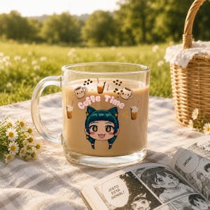 Coffee Time Glass Mug , Apothecary Diaries, Cute Kawaii Anime Coffee Cup | 10oz Transparent Glass , Gift for Anime & Coffee Lovers