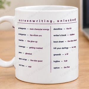 May include: A white ceramic mug featuring the dark purple text screenwriting, unlocked at the top. Below, a list of screenwriting terms paired with slang definitions is printed in two columns, separated by a vertical line, including protagonist, antagonist, rewrite, coverage, pass, spec script, act two, deadline, writer's block, beat sheet, kill your darlings, greenlit, logline, and option.