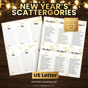 May include: Printable New Year's Scattergories game sheets. The sheets are white with gold confetti and text. The text includes "New Year's Scattergories", "US Letter", and "Instant Download".