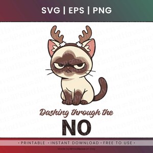 Può includere: Immagine di un gatto scontroso dei cartoni animati con le corna. Il gatto è seduto con un'espressione severa. Il testo recita "Dashing through the NO". L'immagine è un design digitale, con le parole "SVG | EPS | PNG" in alto.