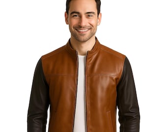 Chaqueta de motociclista de cuero bicolor marrón y negro para hombre