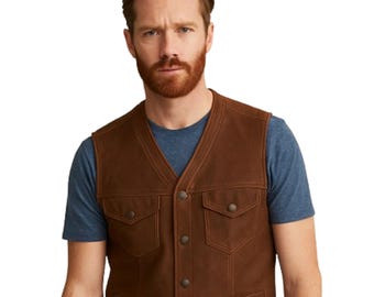 Men's Brown Western Suede Leather Vest, Cowboy Waistcoat