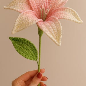 Puede incluir: Una flor de ganchillo hecha a mano en tonos rosa y crema, con un tallo y una hoja verdes. Los pétalos de la flor están detallados con puntadas texturizadas. La artesanía es un artículo floral decorativo.