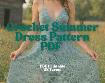 Puede incluir: Un vestido de verano de ganchillo de color verde azulado claro con cuello en V y tirantes finos. El vestido presenta un patrón calado detallado y está etiquetado como "Crochet Summer Dress Pattern PDF". El texto "PDF Printable US Terms" también es visible.