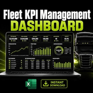 May include: A laptop displaying a Fleet KPI Management Dashboard with data charts and metrics, positioned next to a black semi-truck. The screen shows financial and operational statistics, including revenue, expenses, and truck performance data.