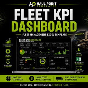 Può includere: Un modello Excel di dashboard KPI per flotte digitali visualizzato su uno schermo di un portatile. La grafica presenta testo nero e verde lime, l'immagine di un autoarticolato e visualizzazioni di dati con grafici e metriche di gestione.