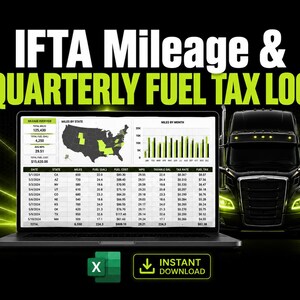 Könnte beinhalten: Ein Laptop-Bildschirm zeigt eine IFTA Mileage & Quarterly Fuel Tax Log Tabelle mit einer Karte der USA, Balkendiagrammen und einer Datentabelle. Rechts steht ein schwarzer Sattelzug. Unten sind ein Excel-Symbol und ein Instant Download-Button.