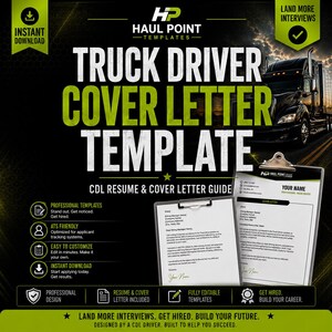 May include: A digital template for a truck driver cover letter and resume guide. The graphic features the text Haul Point Templates, Truck Driver Cover Letter Template, and CDL Resume & Cover Letter Guide, with two clipboards displaying sample documents.