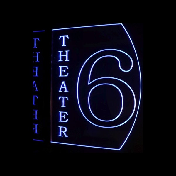 Theater 6 Sign Home Movie Show Number Sign (Choose Your Text) Acrylic Edge Lit Led Sign 14250 Full Size Made in the USA
