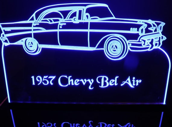 1957 Chevy Belair Edge Lit Awesome 21/" Light Up Lighted Sign Plaque Mirr 57 USA