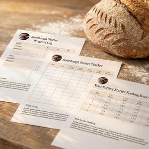 May include: A crusty sourdough loaf sits next to printed sheets with text, including "Sourdough Starter Progress Log" and "Your Perfect Starter Feeding Ratio." The papers are on a wooden surface, with flour scattered around.