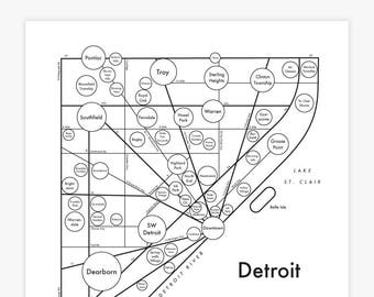 Detroit Map Letterpress Print 8"x8"