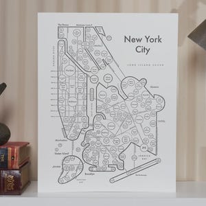 May include: A white rectangular print featuring a black line map of New York City with numerous circular neighbourhood labels. The text New York City is printed in the upper right corner. The map displays boroughs including Manhattan, Brooklyn, Queens, and Staten Island with various geographic landmarks and waterways clearly outlined in black ink.