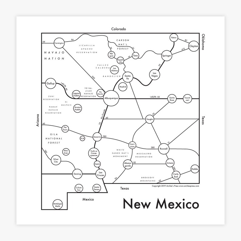 New Mexico Map Letterpress Print 8x8 Etsy