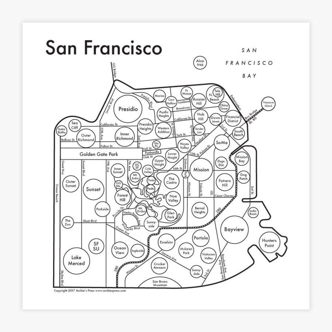 San Francisco Map Letterpress Print 8x8 Etsy