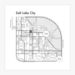 Peut inclure: Une carte en noir et blanc de Salt Lake City, Utah, avec les noms des quartiers et les limites délimités. La carte comprend le Grand Lac Salé, les montagnes Wasatch et l'Université de l'Utah.