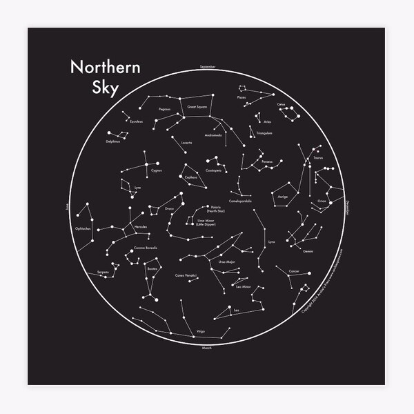 Northern Sky Constellation Star Map 8"x8" Letterpress Art Print