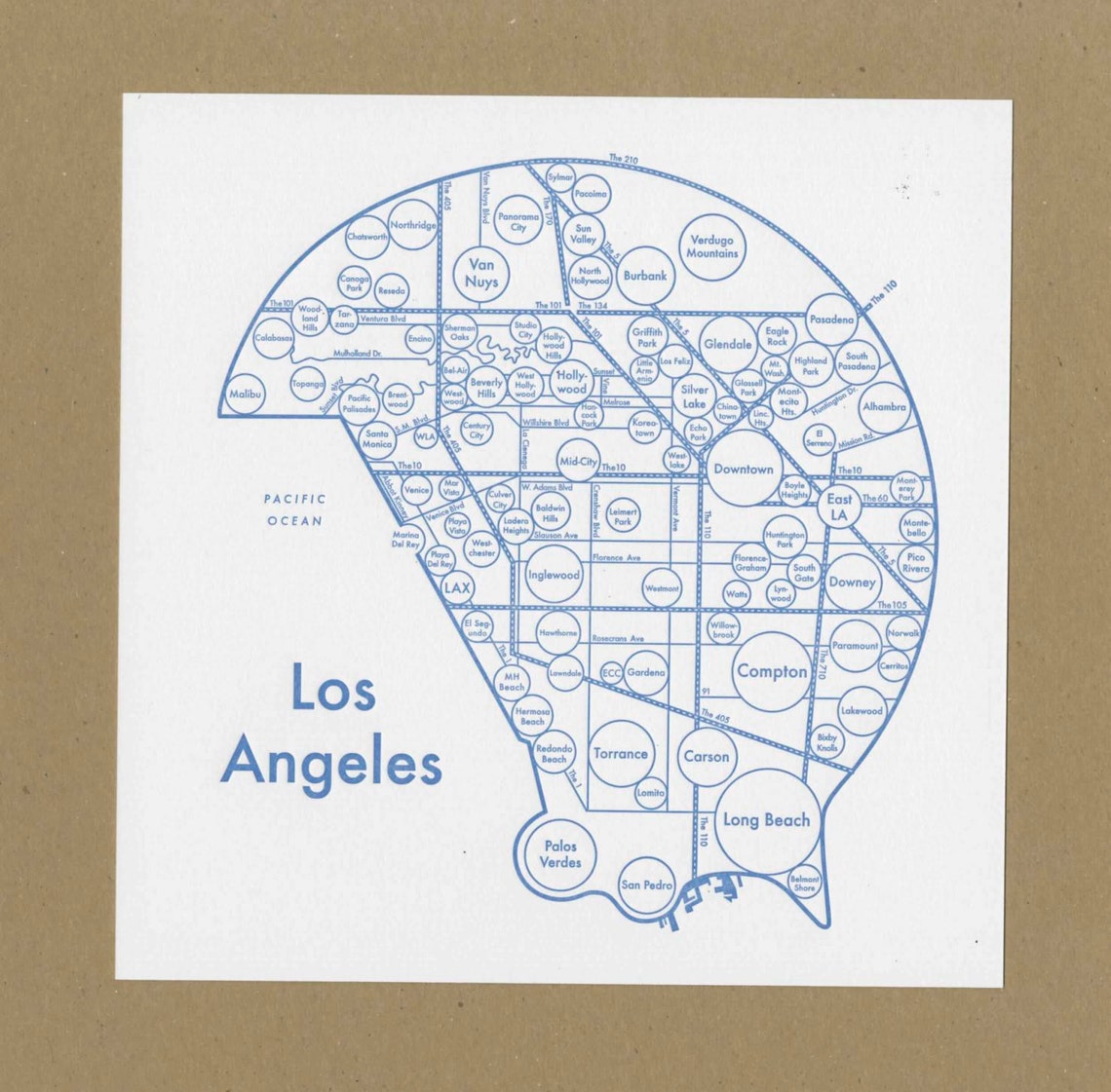 Los Angeles Map Letterpress Print 8 X 8 Etsy