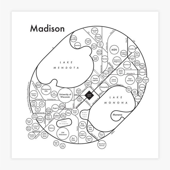 Madison Wisconsin City Map 8"x8" Letterpress Art Print