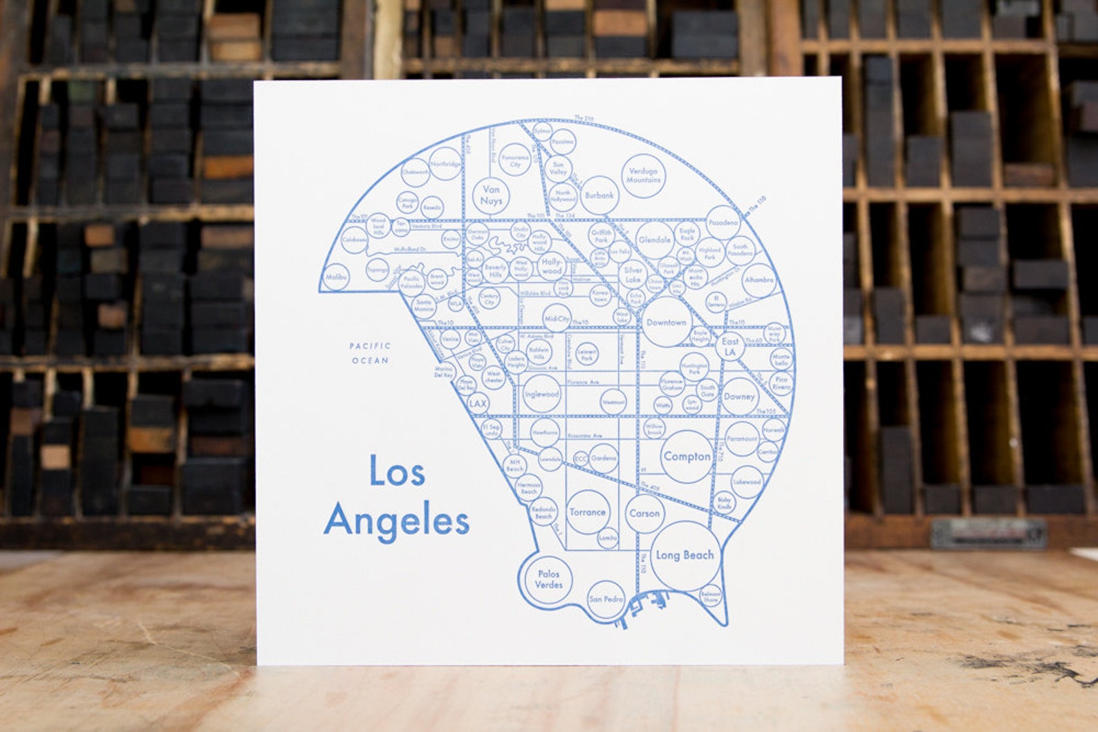 Los Angeles Map Letterpress Print 8 X 8 Etsy
