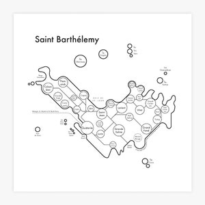 May include: A black and white line art map of Saint Barthélemy, a French Caribbean island. The map shows the island's coastline, major towns, and points of interest. The map is labeled with the names of the towns and points of interest.