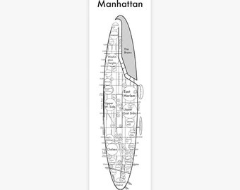 Manhattan Map 4.75&quot; x 16&quot; Letterpress. Beautiful Minimalist Simple Graphic Neighborhood Art Print. Cool Travel Poster Design.