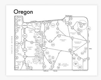 May include: A black and white line art map of Oregon with the names of cities and national forests labelled. The map shows the state's major cities, including Portland, Salem, Eugene, Bend, and Medford. It also highlights the state's many national forests, including the Willamette National Forest, the Mt. Hood National Forest, and the Rogue River-Siskiyou National Forest.